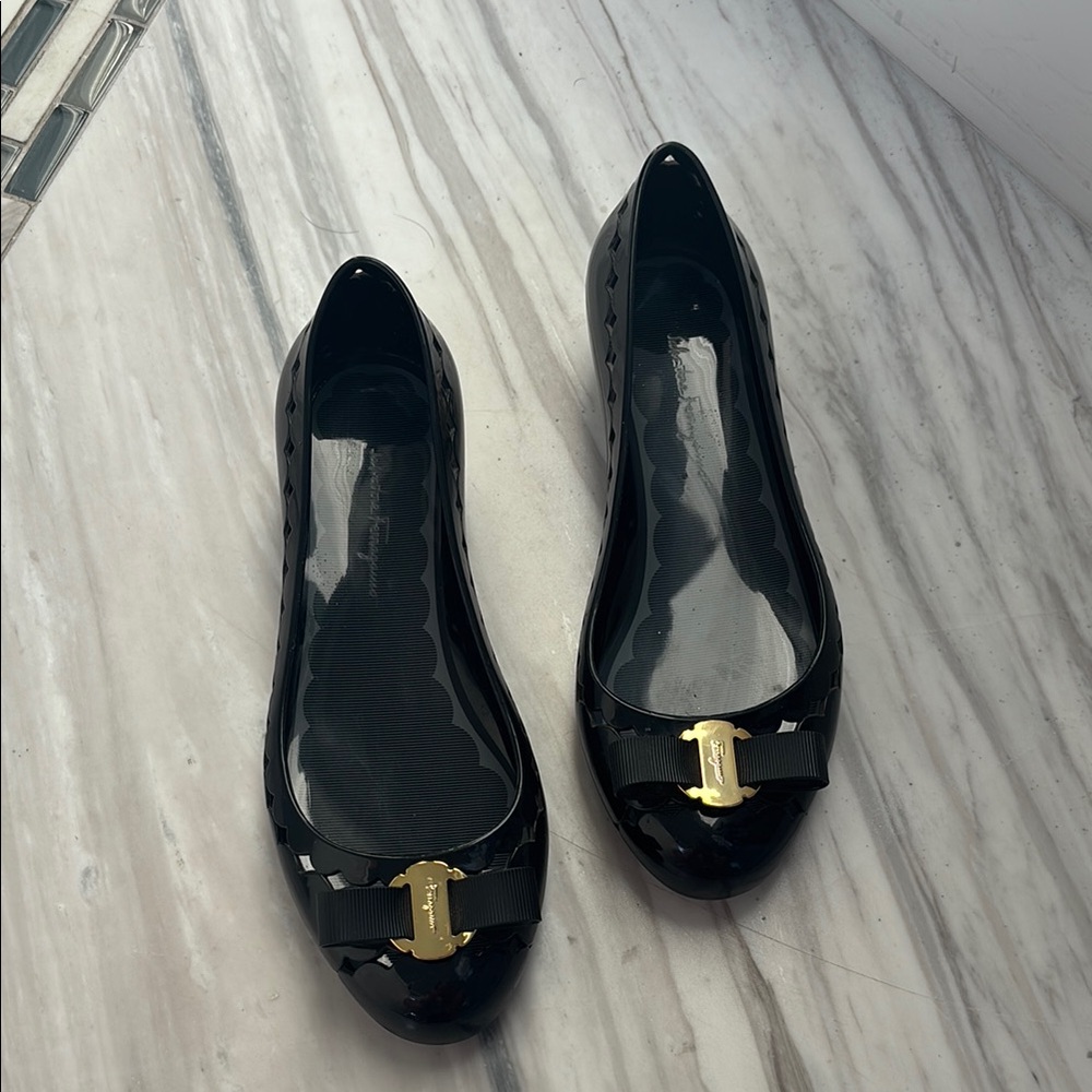 Black and Gold Patent Leather Jelly Ballet Flats with Metal Accent